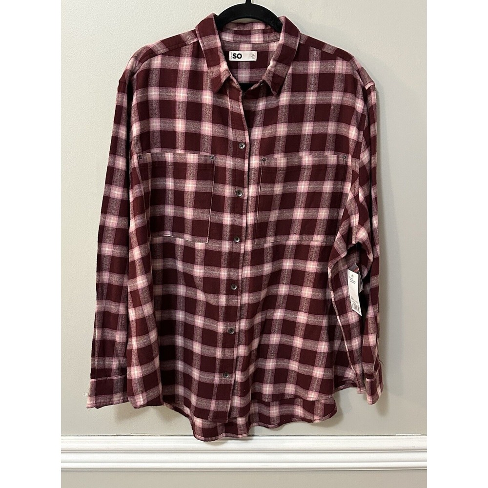So Clothing Womens Cotton Perfect Shirt Flannel Button Down Pocket Pink Red XL